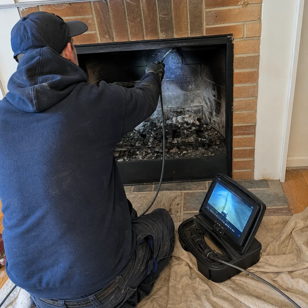 Technician performing professional fireplace and chimney inspection with a camera system.