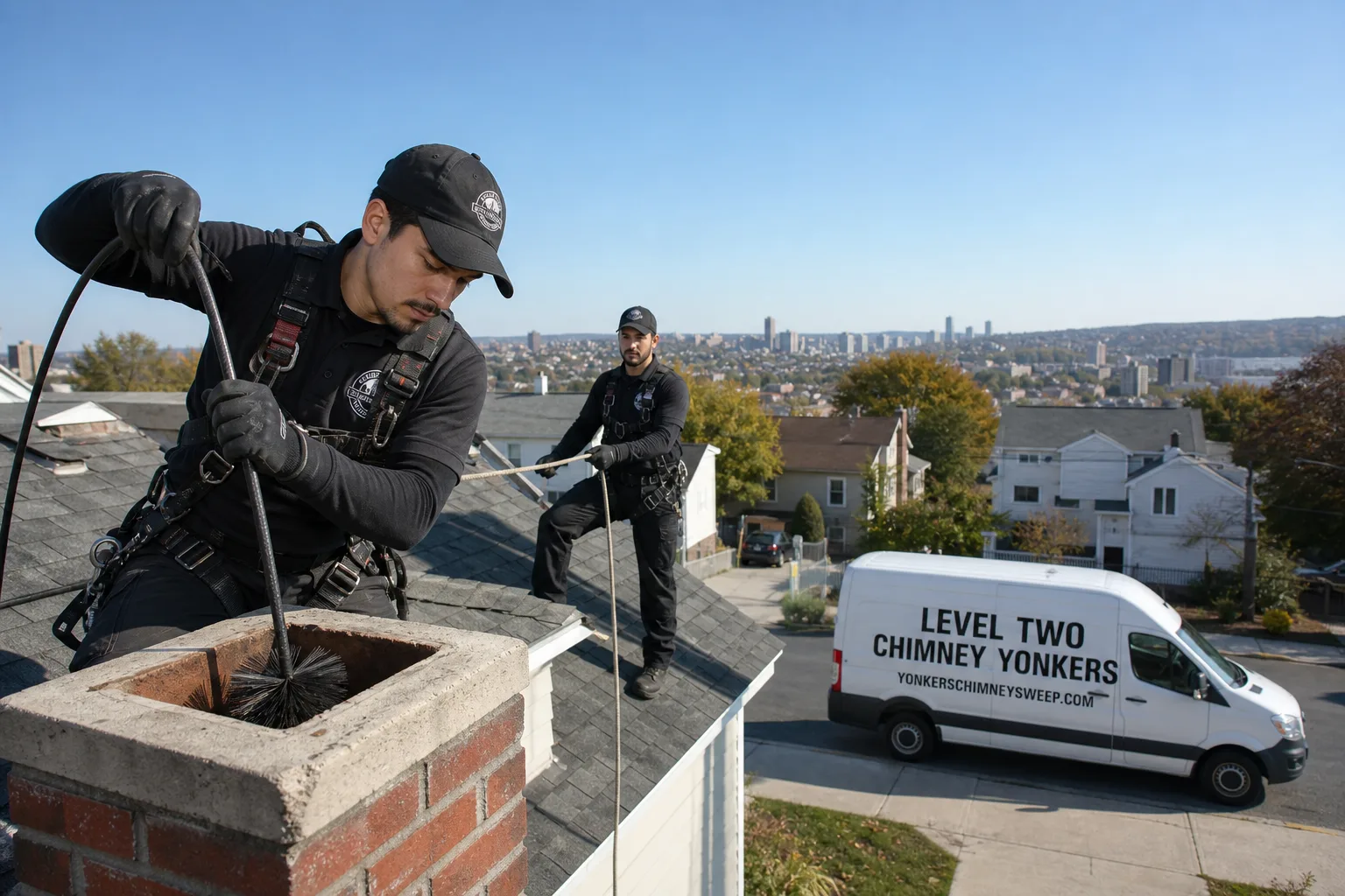 Level Two Chimney Yonkers chimney cleaning service vehicle and crew in Yonkers, NY